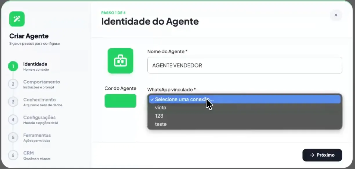 Assistente de criação de agente de IA do 2Blick, passo Identidade do Agente, com nome e WhatsApp vinculado