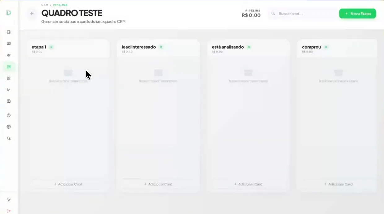 Quadro de CRM do 2Blick em formato kanban com etapas de lead, análise e compra